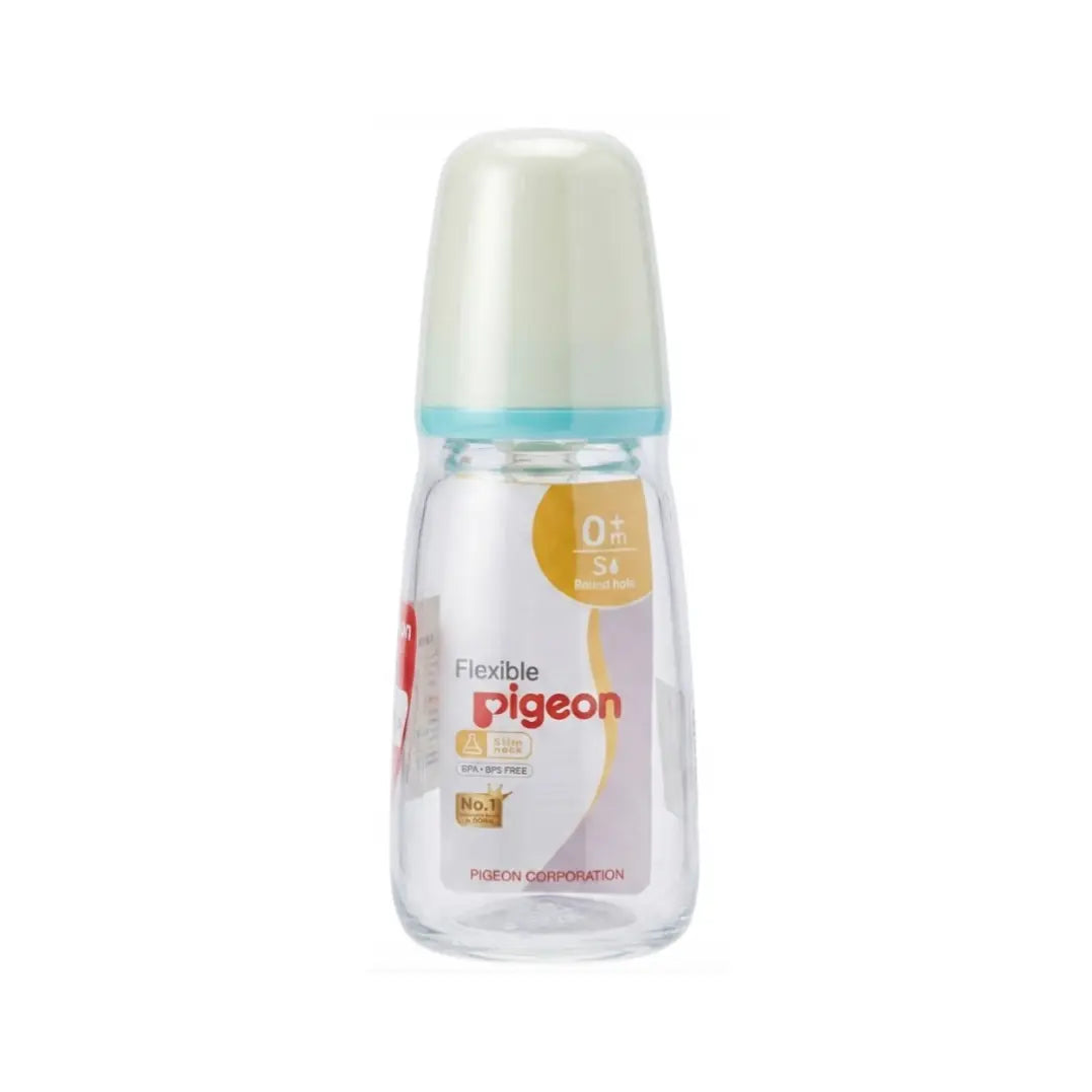 Pigeon Slim Neck Glass Nursing Bottle 120ml 0+ Months Round Hole S PA282-K4 – BPA-Free Baby Bottle with Soft Silicone Nipple