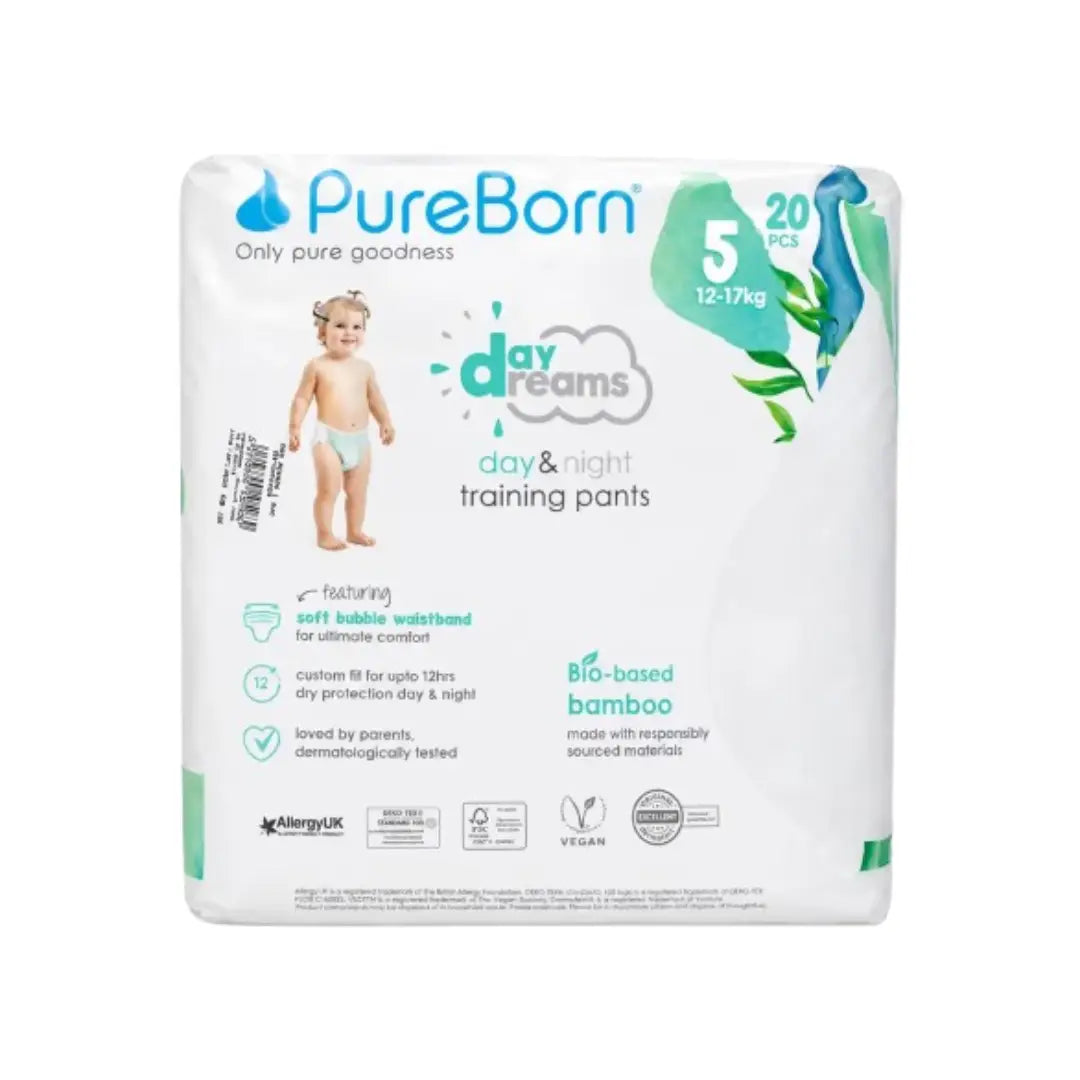 PureBorn Baby Pants Size 5 (12–17kg) 20s – Organic Bamboo Training Pants with 12-Hour Leak Protection