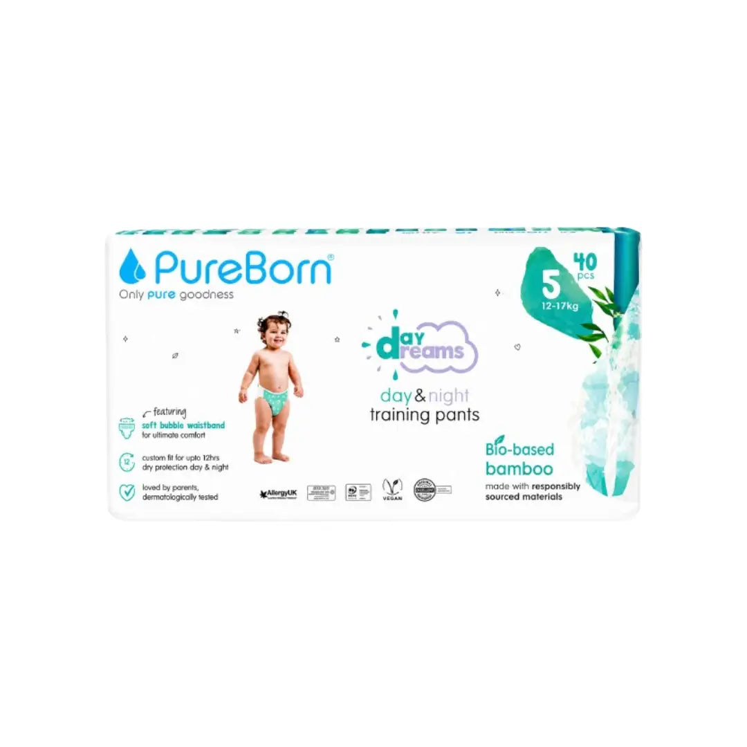 PureBorn Baby Pants Size 5 (9–15kg) 40s – Organic Bamboo Training Pants with 12-Hour Leak Protection