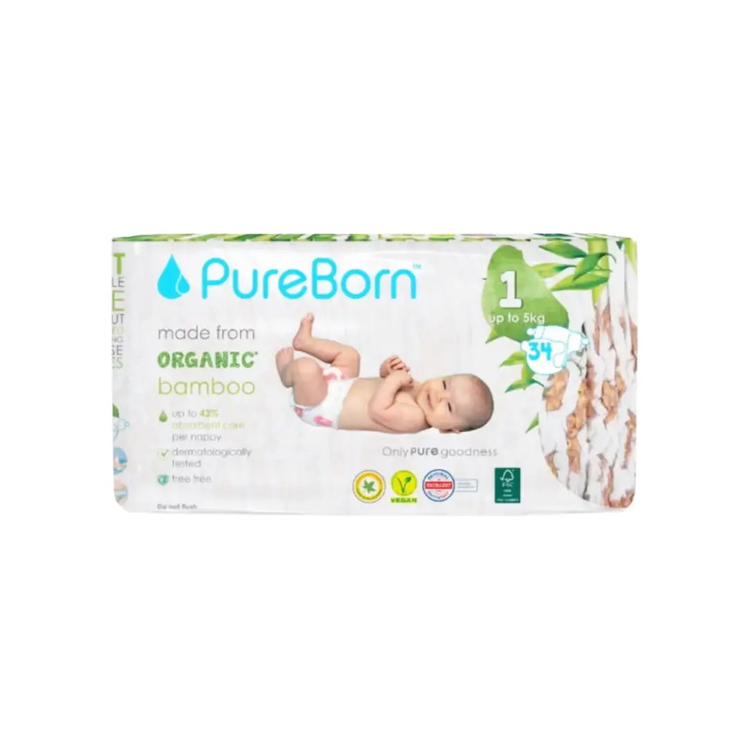 PureBorn Organic Bamboo Baby Diapers Size 1 (2.5–5kg) 34s – Ultra-Soft Hypoallergenic Eco-Friendly Diapers