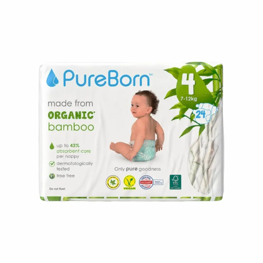 PureBorn Organic Bamboo Baby Diapers Size 4 (8–14kg) 24s – Ultra-Soft Hypoallergenic Eco-Friendly Diapers