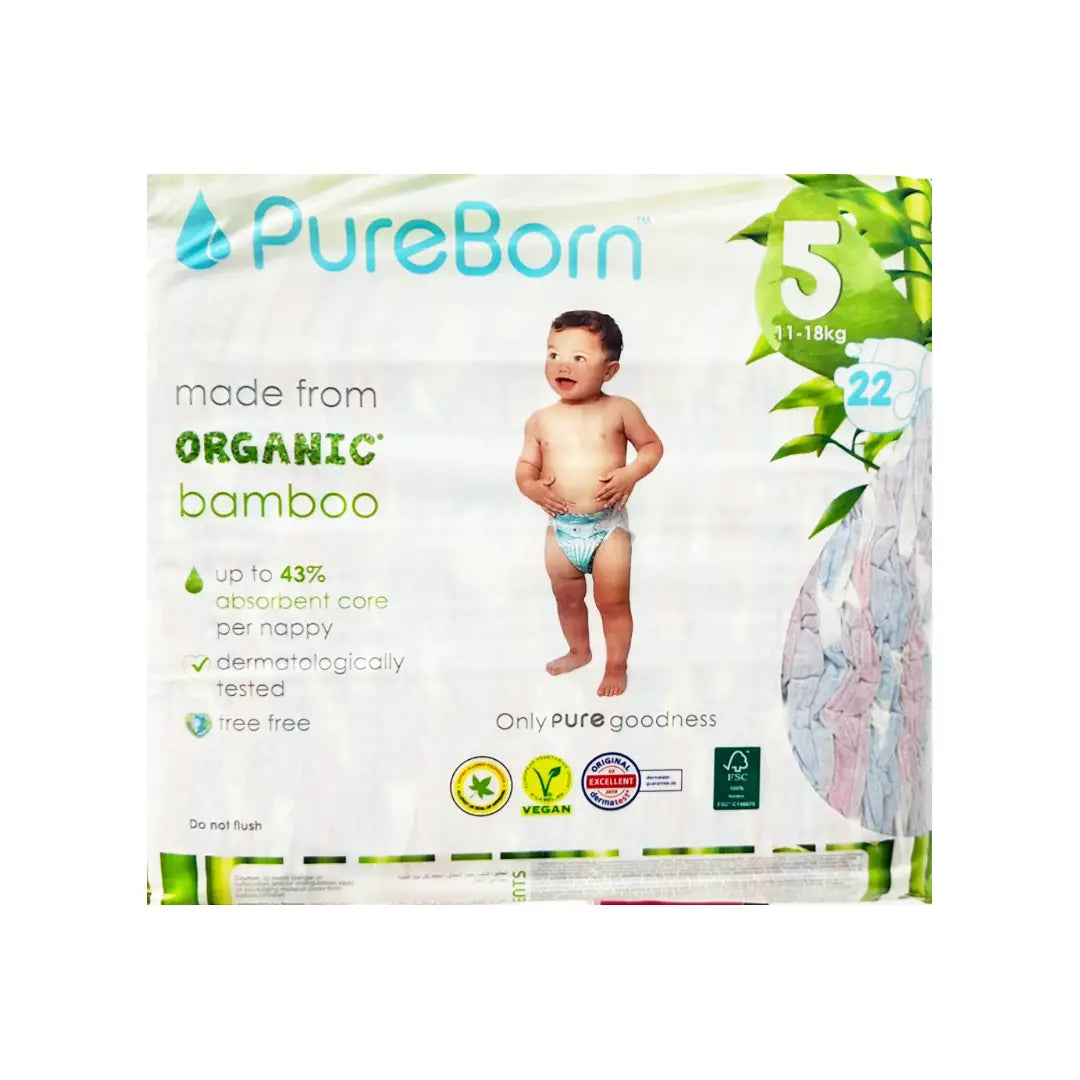 PureBorn Organic Bamboo Baby Diapers Size 5 (11–18kg) 22s – Ultra-Soft Hypoallergenic Eco-Friendly Diapers