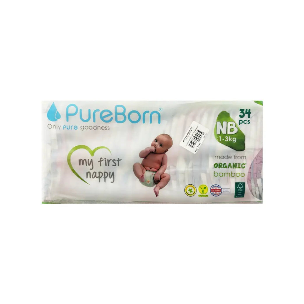PureBorn Organic Bamboo Newborn Diapers NB (1–3kg) 34s – Ultra-Soft Hypoallergenic Eco-Friendly Baby Diapers
