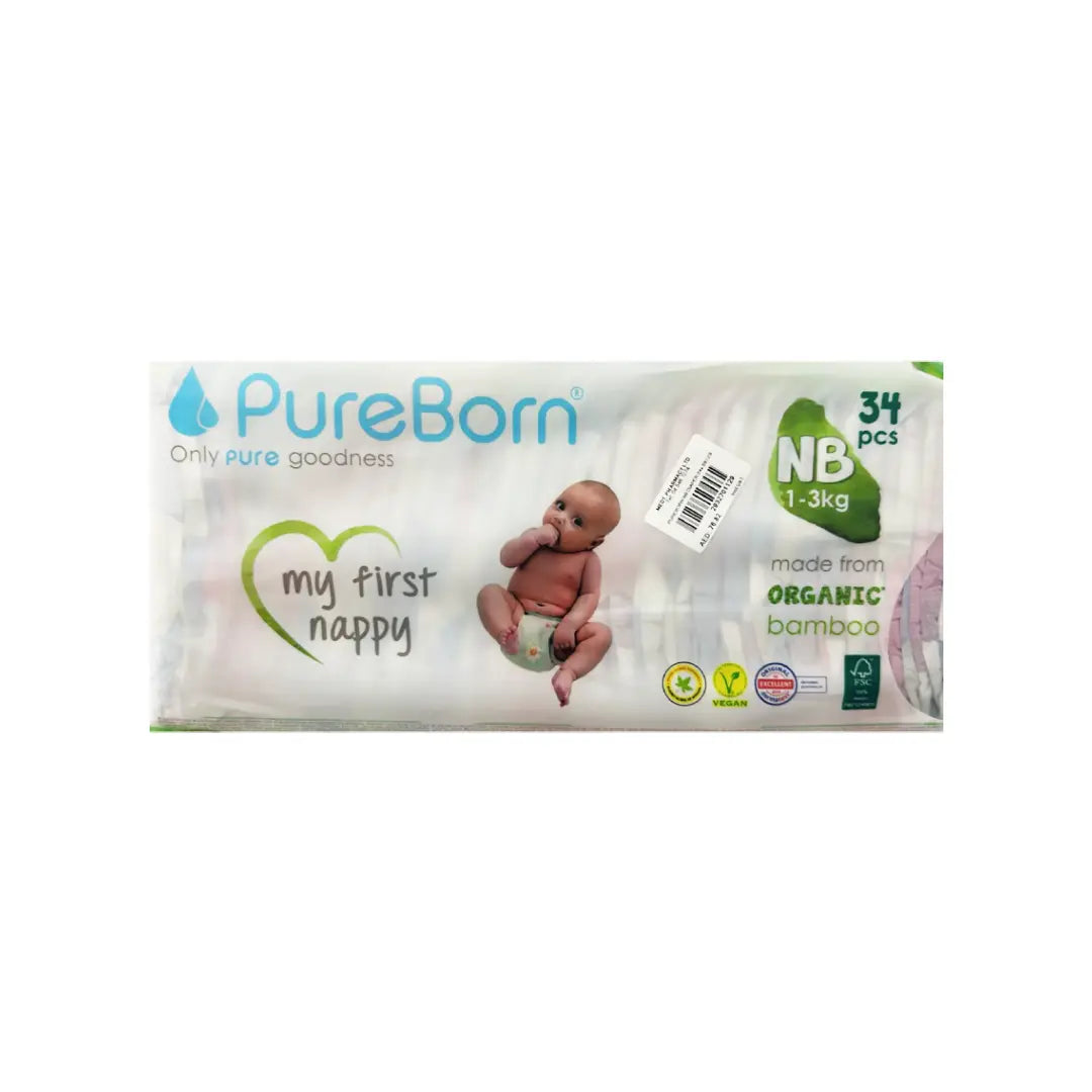 PureBorn Organic Bamboo Newborn Diapers NB (1–3kg) 34s – Ultra-Soft Hypoallergenic Eco-Friendly Baby Diapers