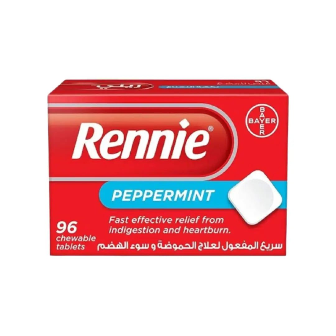 Rennie Peppermint Chewable Tablets 96s for heartburn relief and digestion support