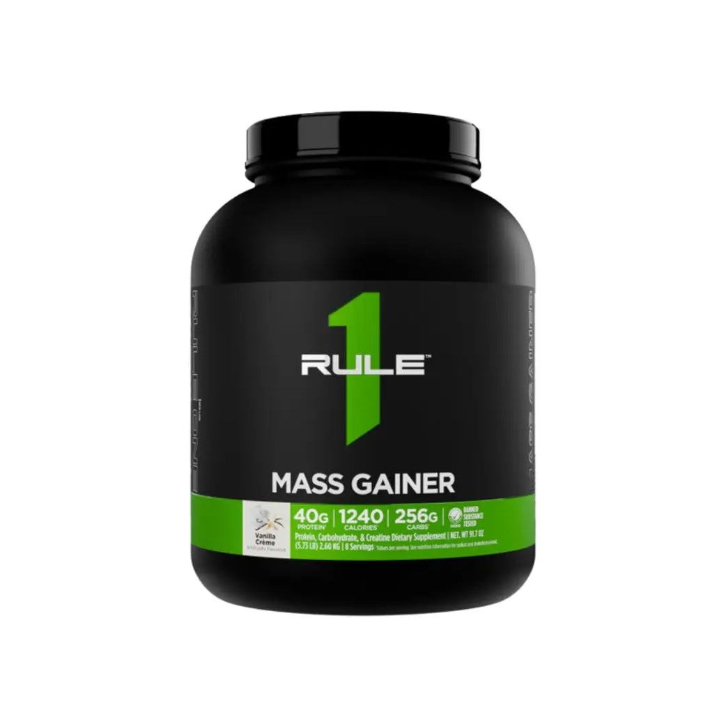 Rule 1 Mass Gainer 5.73lb Vanilla Cream protein powder tub