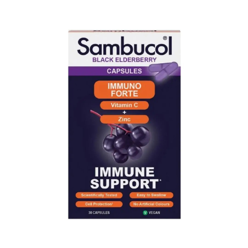 Sambucol Immuno Forte Vitamin C + Zinc Black Elderberry Capsules 30s – Daily Wellness Supplement