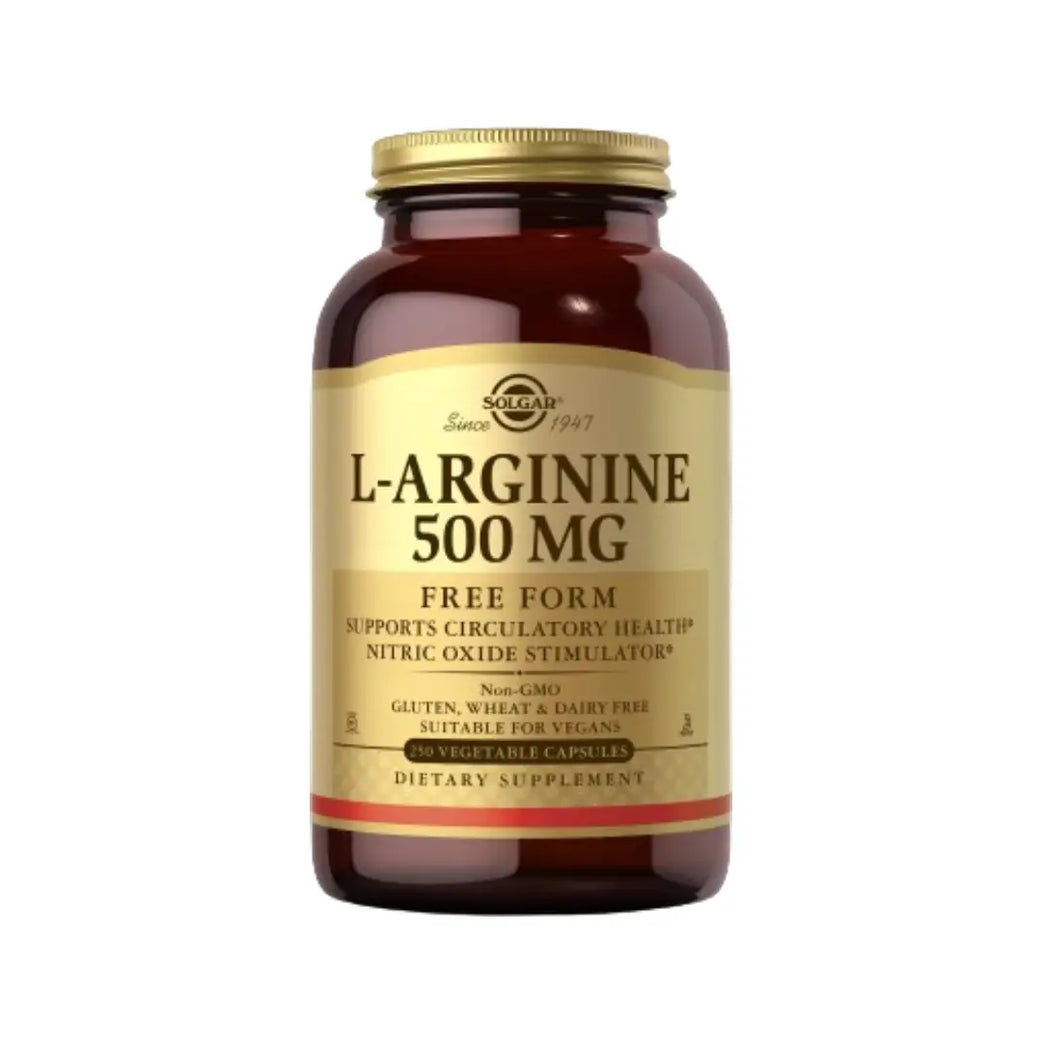 Solgar L-Arginine 500mg 100 Vegetable Capsules for muscle recovery, circulation, and energy support