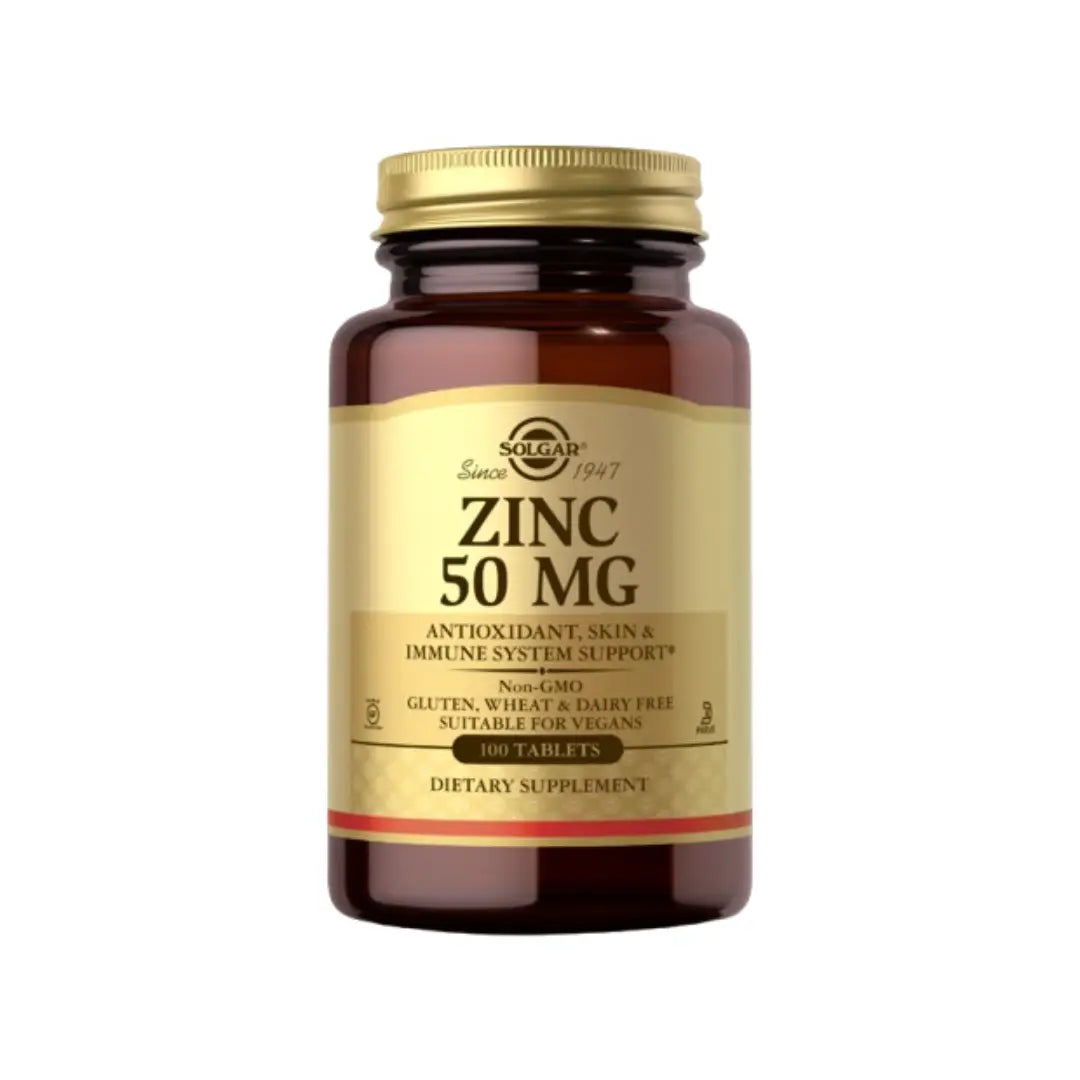 Solgar Zinc 50mg Tablets for immune support, skin health, and overall wellness