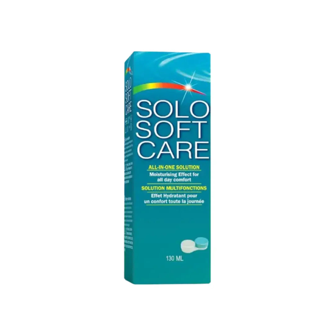 Solo Soft Care All-In-One Contact Lens Solution 130ml with MicroBlock lens case for cleaning, rinsing, and caring for soft contact lenses