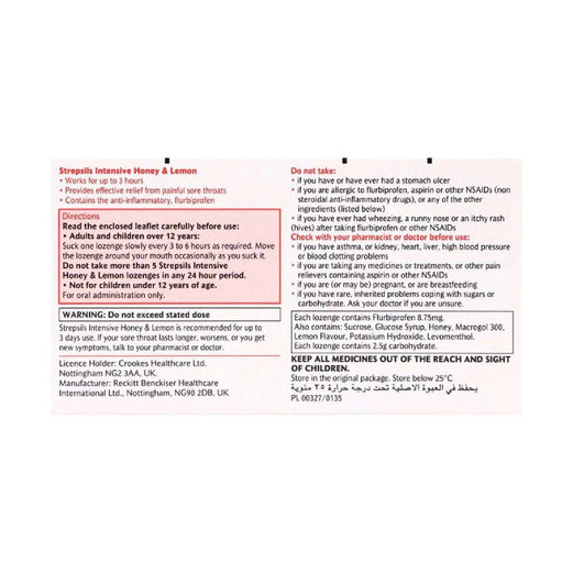 STREPSILS INTENSIVE HONEY&LEMON LOZENGES 16s