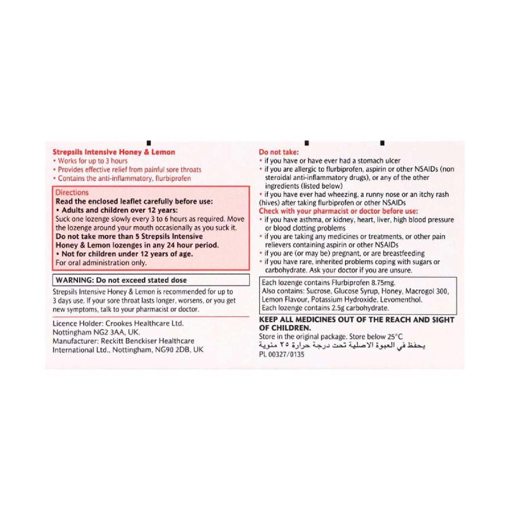 STREPSILS INTENSIVE HONEY&LEMON LOZENGES 16s