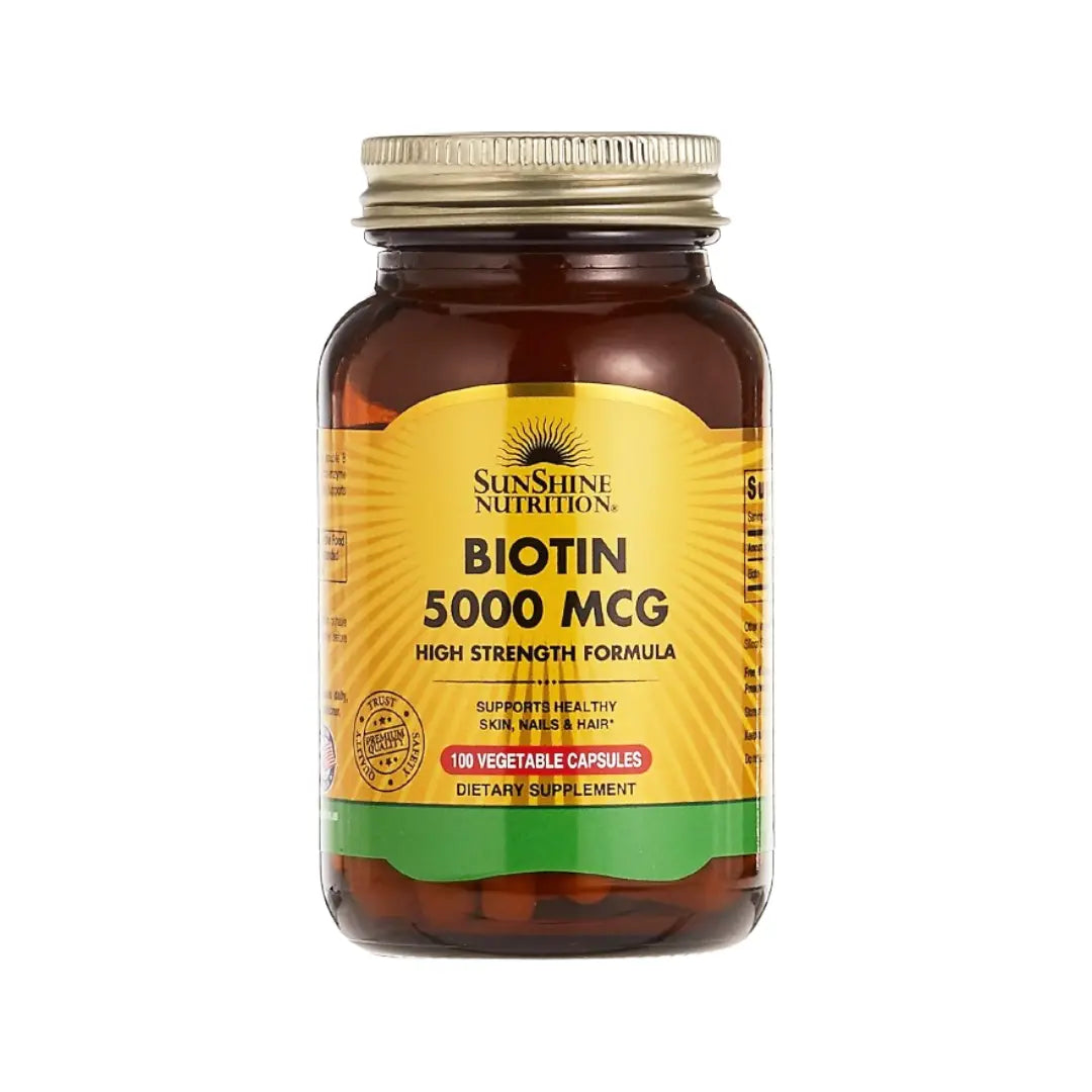 Sunshine Nutrition Biotin 5000mcg Veg Capsules 100s – Vitamin B7 Supplement for Hair Skin Nails