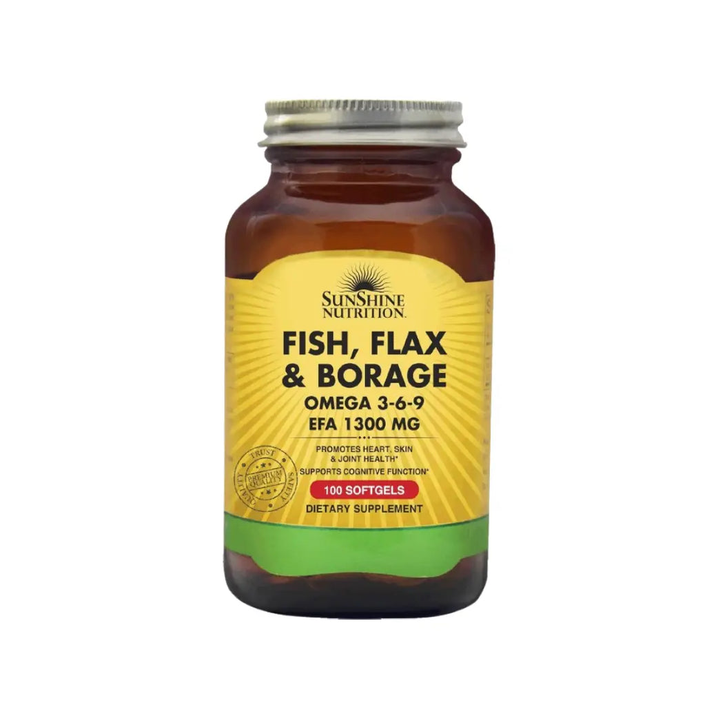 Sunshine Nutrition Omega 3-6-9 1300mg Softgels 100s – Fish, Flax & Borage Oil Essential Fatty Acids Supplement
