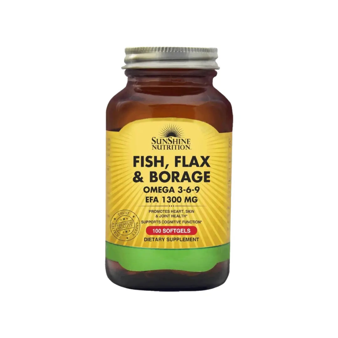 Sunshine Nutrition Omega 3-6-9 1300mg Softgels 100s – Fish, Flax & Borage Oil Essential Fatty Acids Supplement
