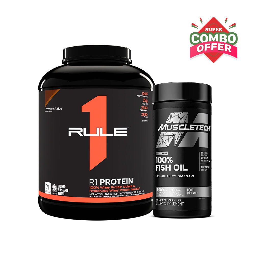 Super Combo Offer: Rule 1 R1 Protien 5lb Chocolate Fudge Serv 72 + Muscletech Platinum 1000mg Fish Oil Softgel Cap 100s