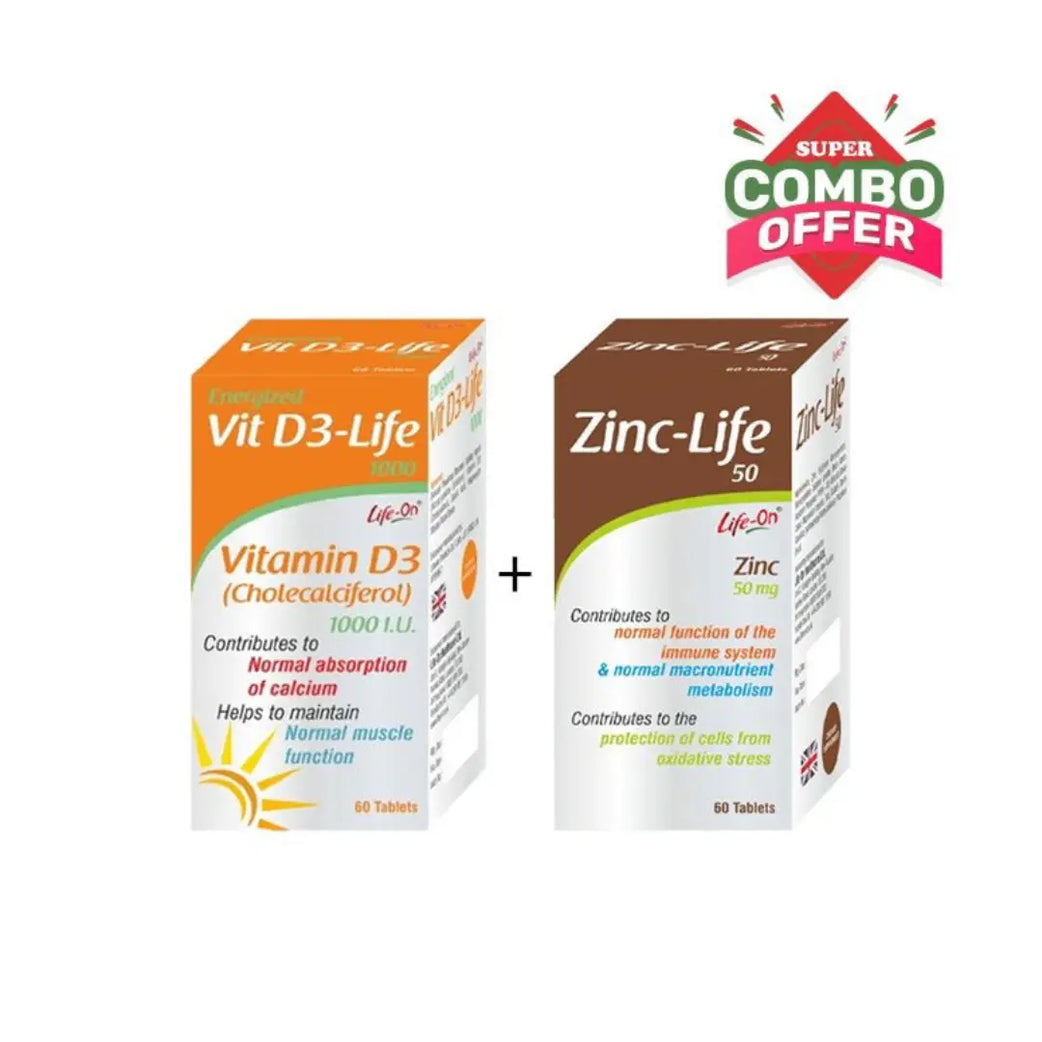 Super Combo Life On Vitamin D3 1000 IU 60s and Life On Zinc 60 Tablets for immune and bone health support