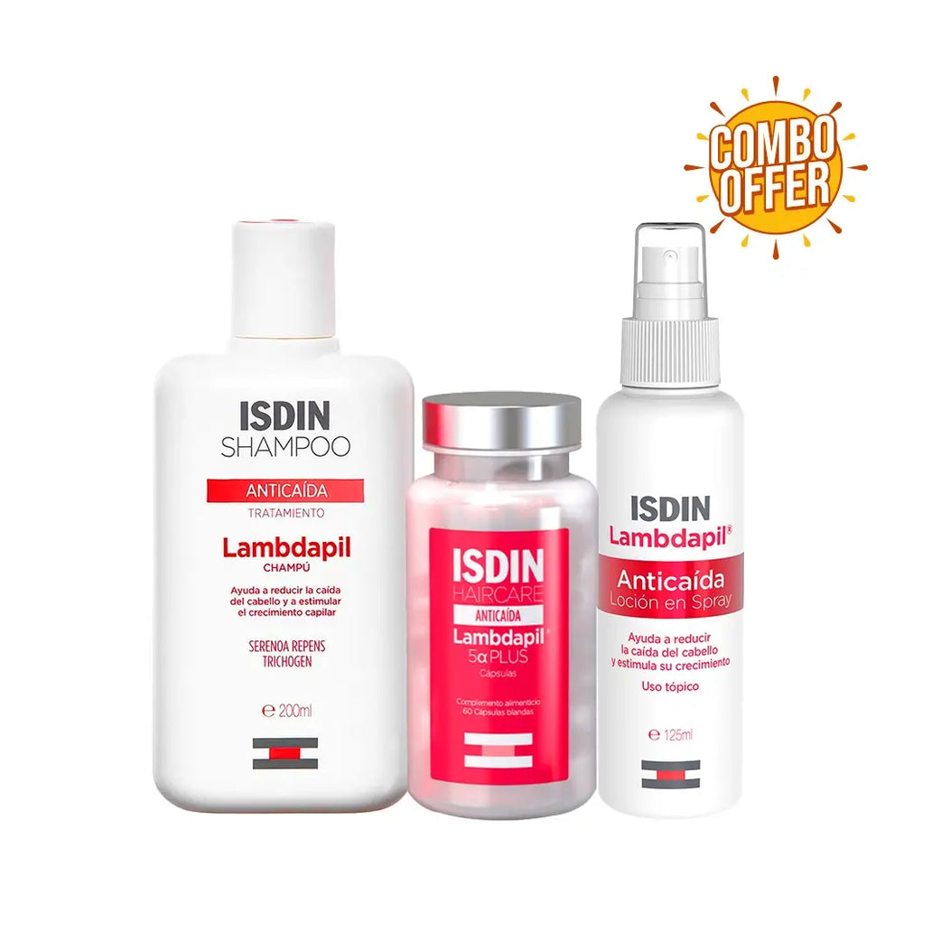 Super Combo Offer: Isdin Lambdapil Anti Hair Loss Treatment Shampoo 200ml + Isdin Haircare Lambdapil 5 Alfa Plus Cap 60s + ISDIN  Lambdapil Anti-Hair Loss Lotion Spray 125Ml