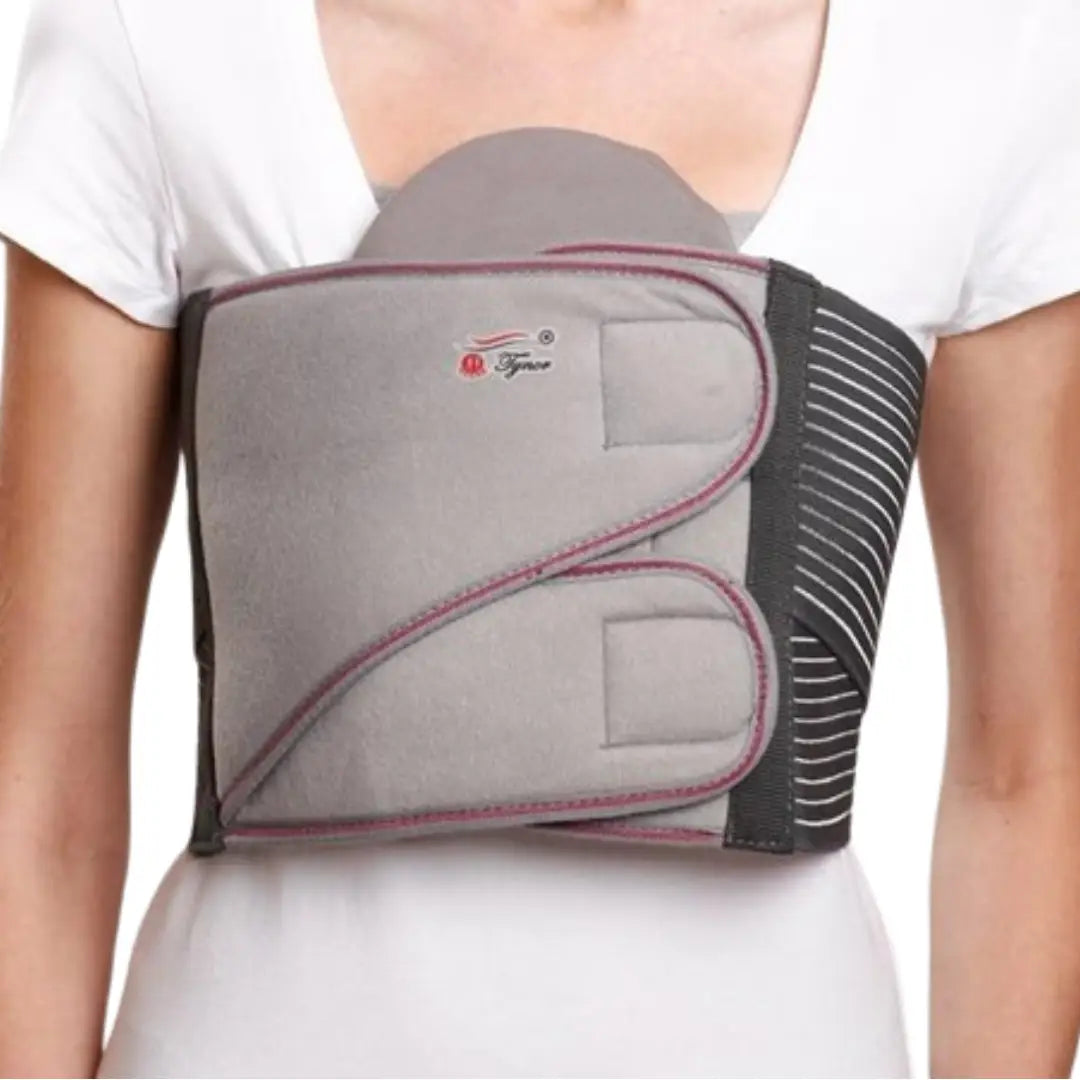 Side view of Tynor chest binder showing stretchable fabric and fit