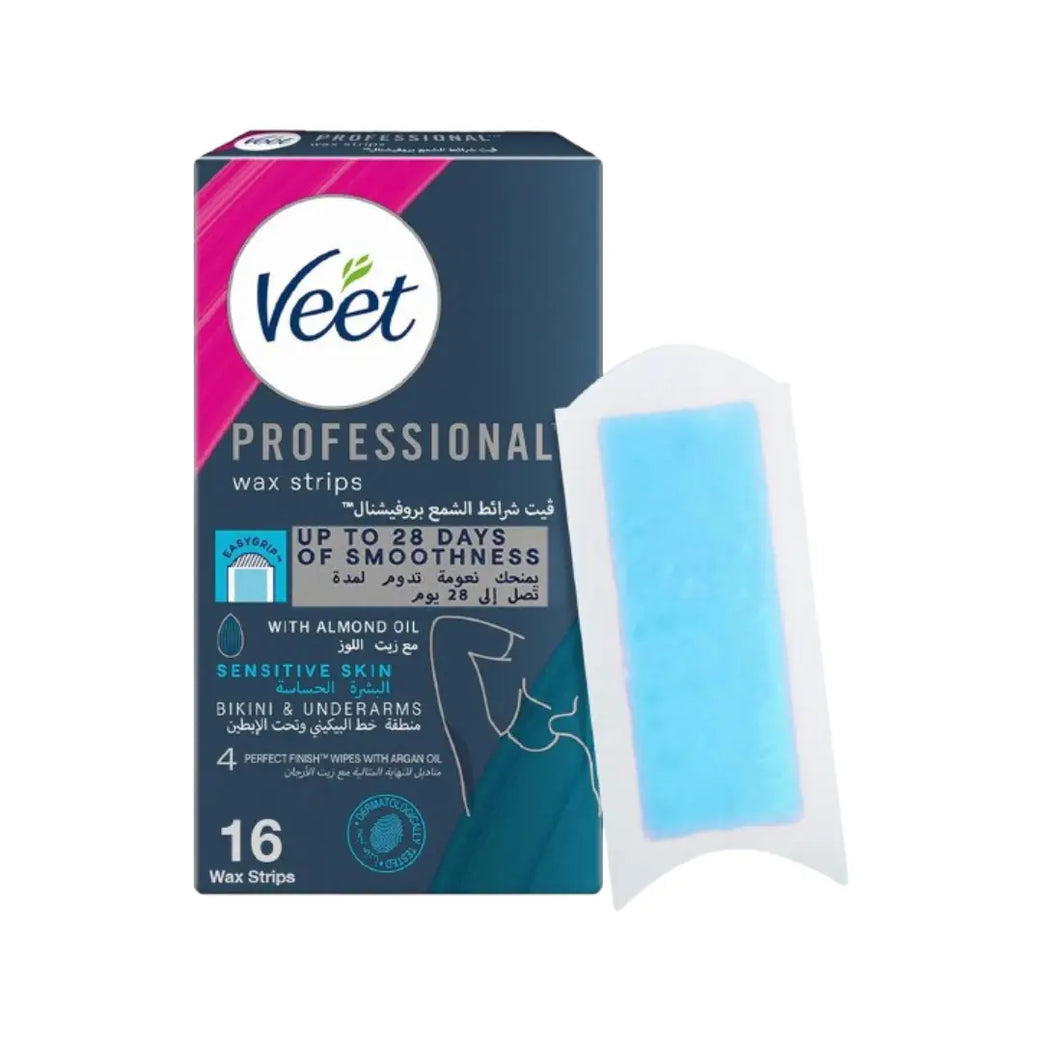Veet Professional Wax Strips Bikini & Underarms Sensitive Skin 16s + 4 Wipes | Easy Gel Hair Removal | Gentle Care