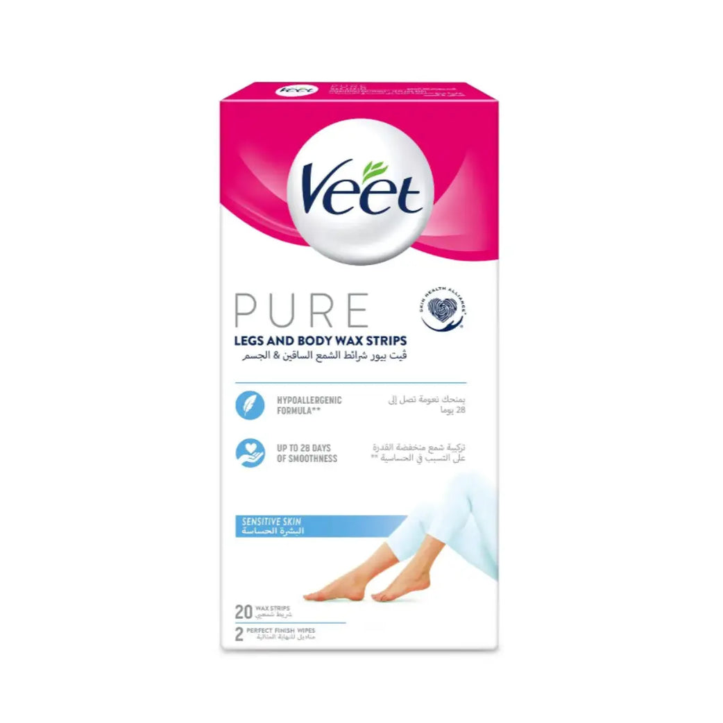 Veet Pure Legs & Body Wax Strips Sensitive Skin 20s | Hair Removal Strips for Smooth Skin | Easy At-Home Waxing