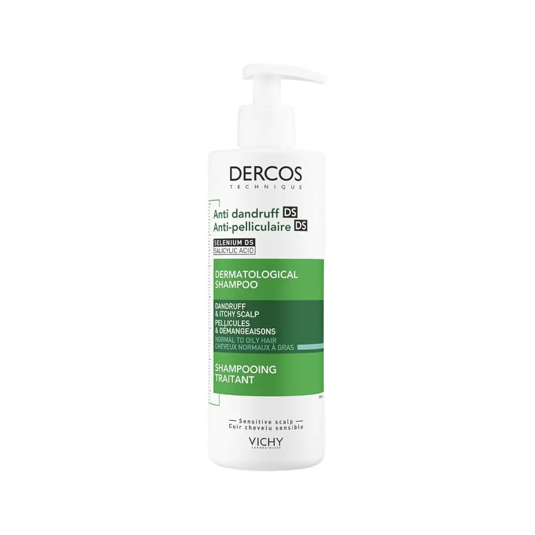 Vichy Dercos Anti-Dandruff Normal to Oily Shampoo 200ml cleansing shampoo for oily scalp and visible dandruff flakes.