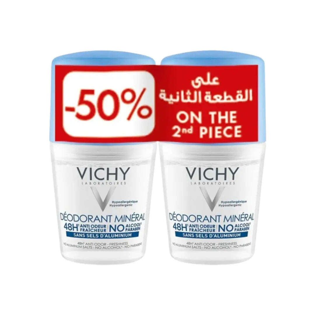 Vichy 48H Mineral Deodorant Roll-On 50ml | Aluminum Salt Free + 50% Off 2nd Piece