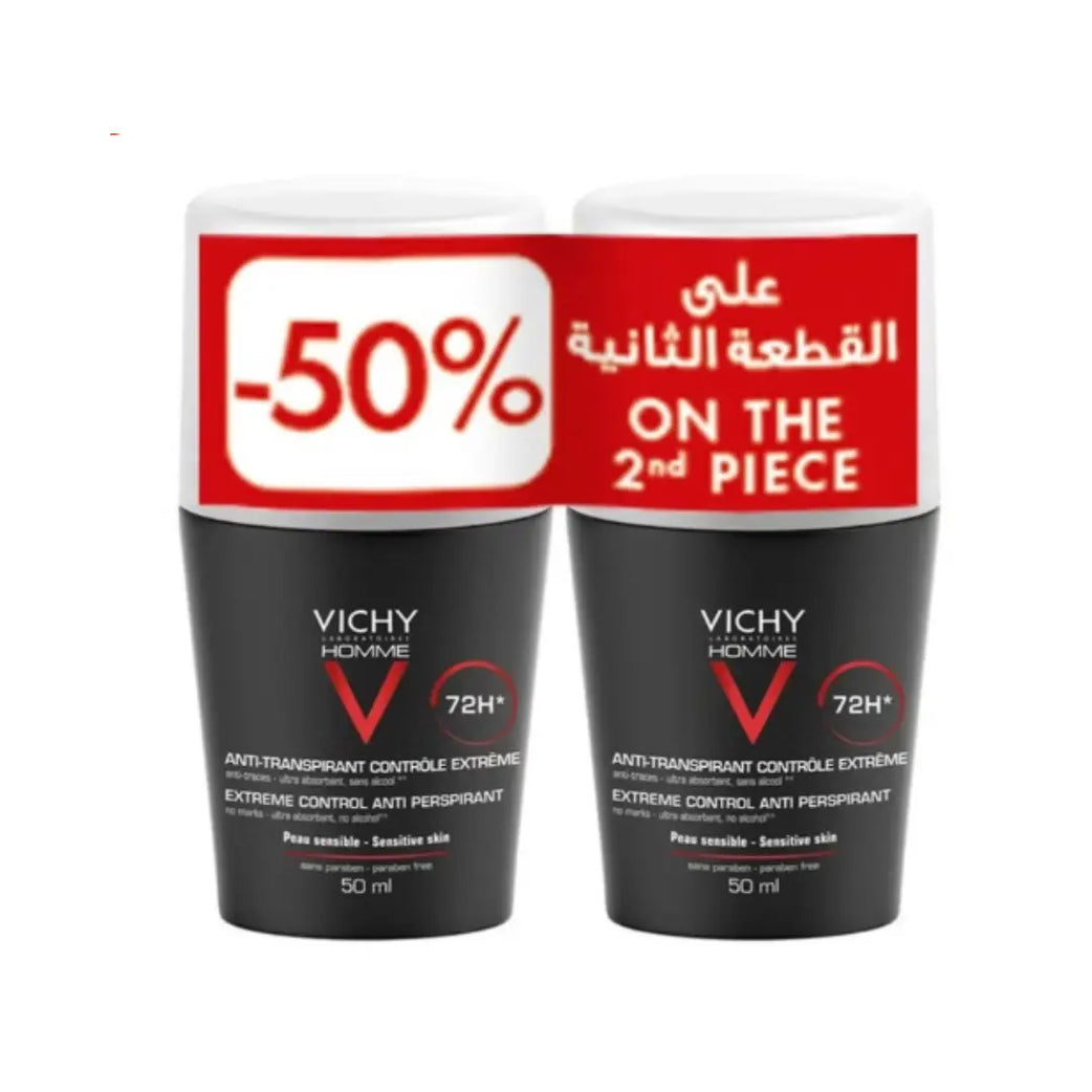 Vichy Homme 72H Extreme Control Deodorant Roll-On 50ml | Long-Lasting Anti-Perspirant + 50% Off 2nd Piece