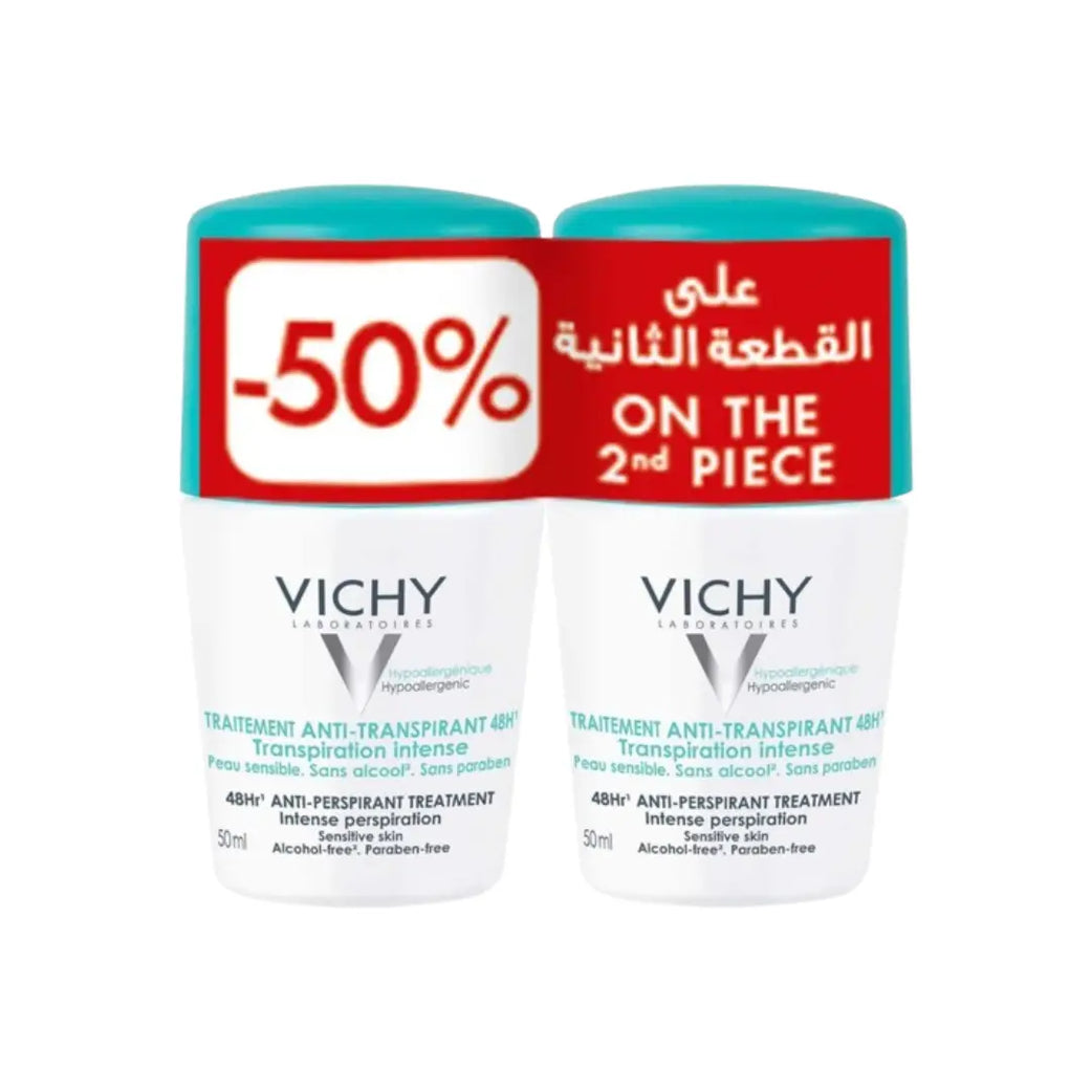 Vichy Deodorant Anti-Perspirant Treatment 48H Roll-On 50ml Twin Pack | Long-Lasting Sweat & Odor Protection