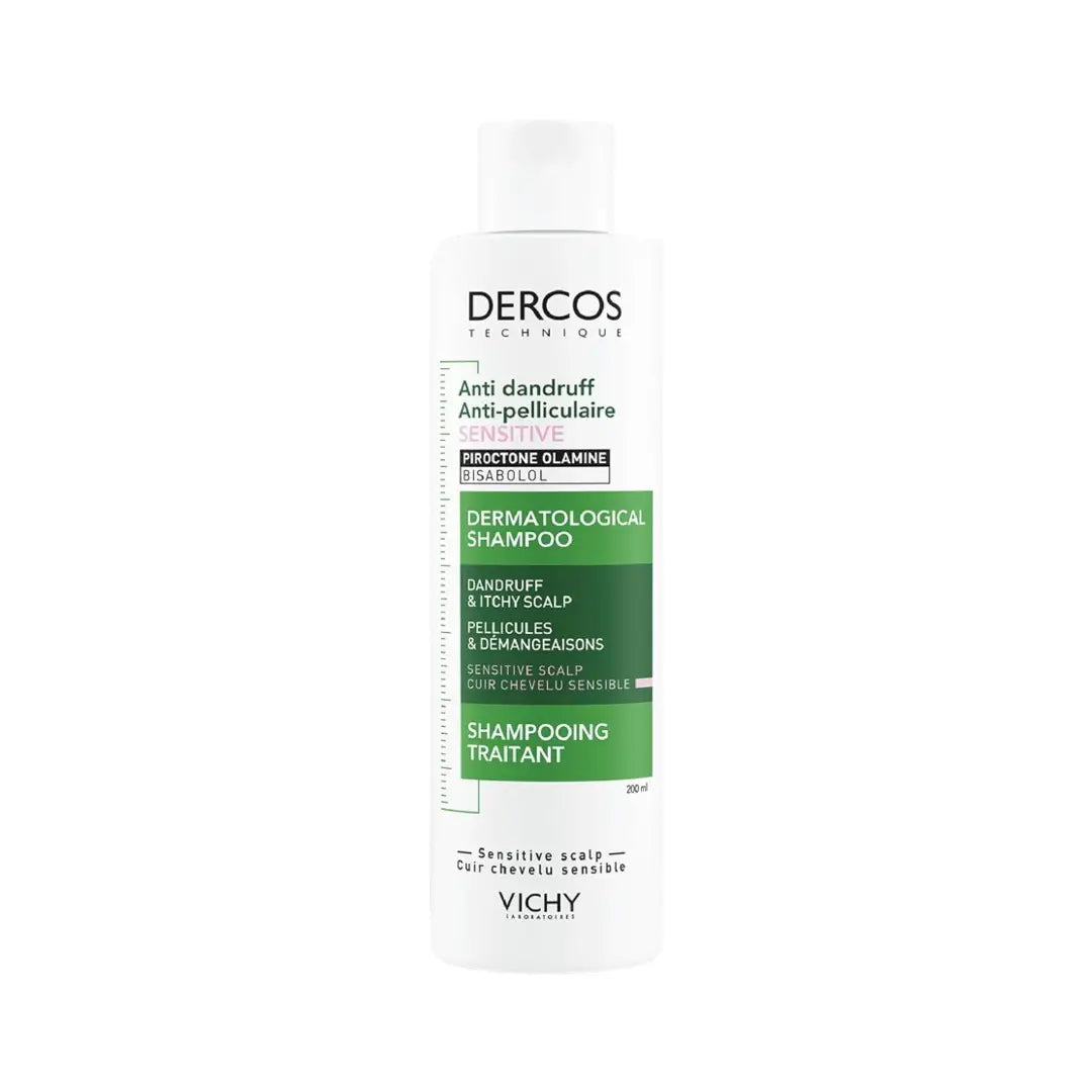 Vichy Dercos Anti-Dandruff Sensitive Shampoo 200ml gentle shampoo for sensitive scalp and visible dandruff flakes.