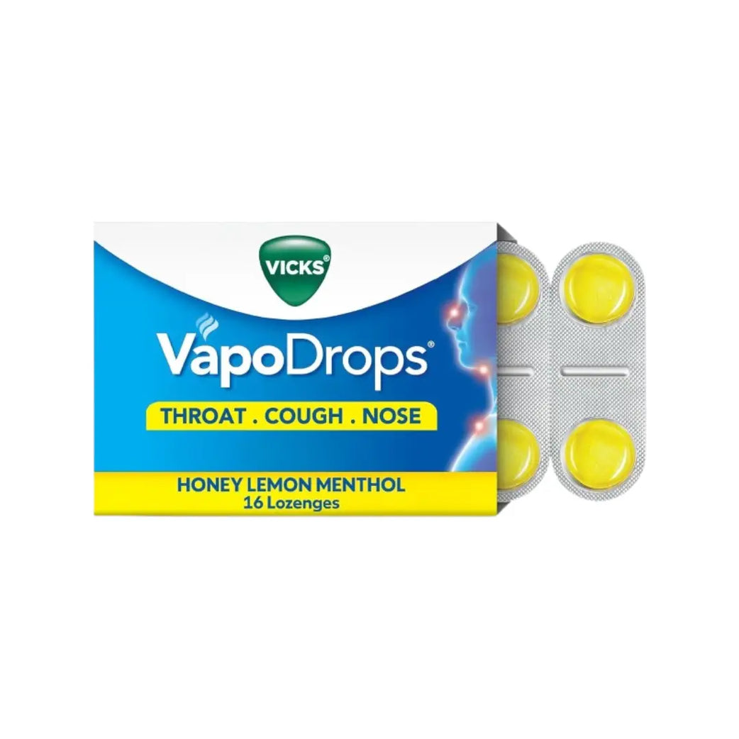 Vicks VapoDrops Honey Lemon Menthol Lozenges 16s Soothing Throat Lozenges with Honey, Lemon and Menthol for Throat Comfort