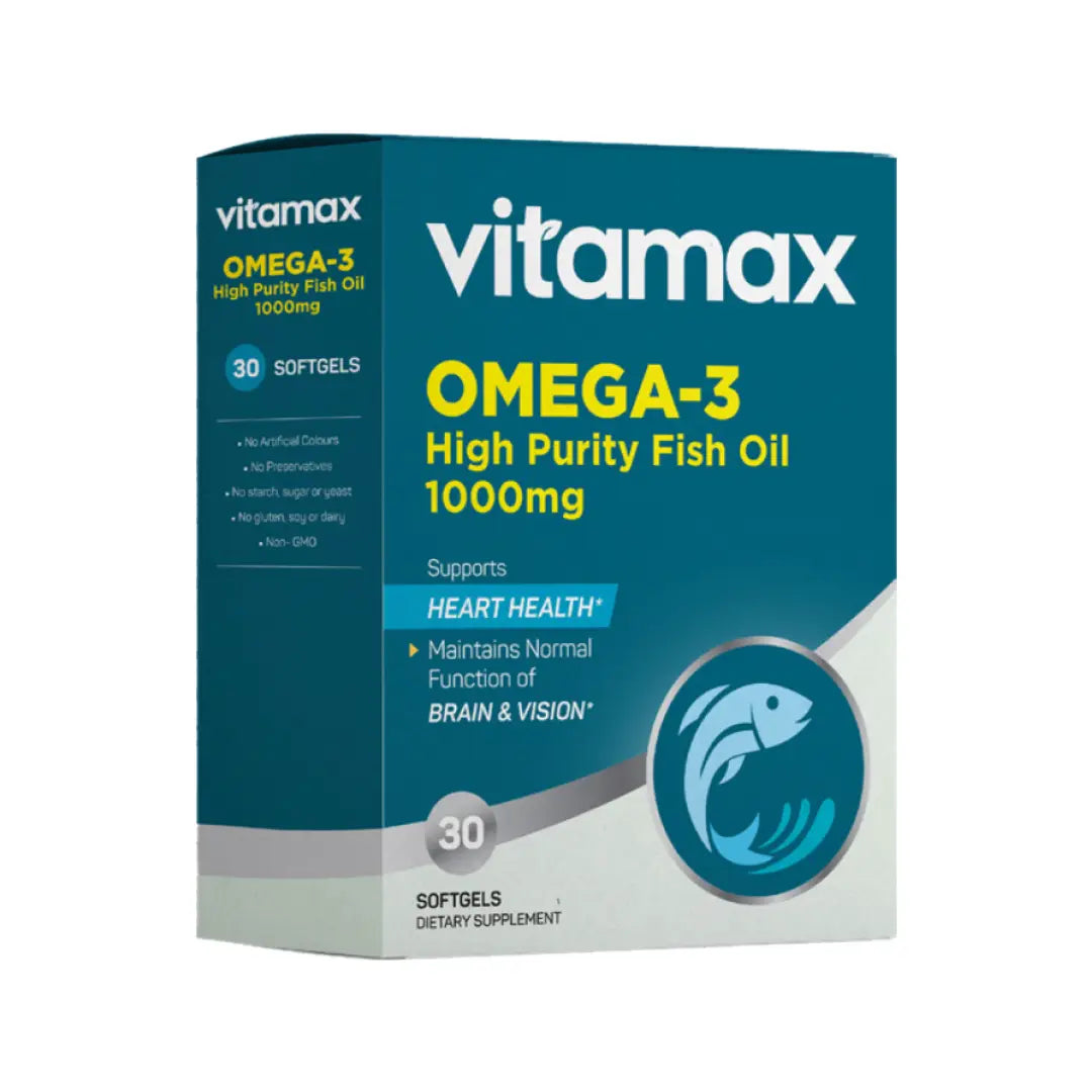 Vitamax Omega 3 Fish Oil 1000mg Softgels 30s – EPA & DHA Supplement for Heart, Brain & Eye Support