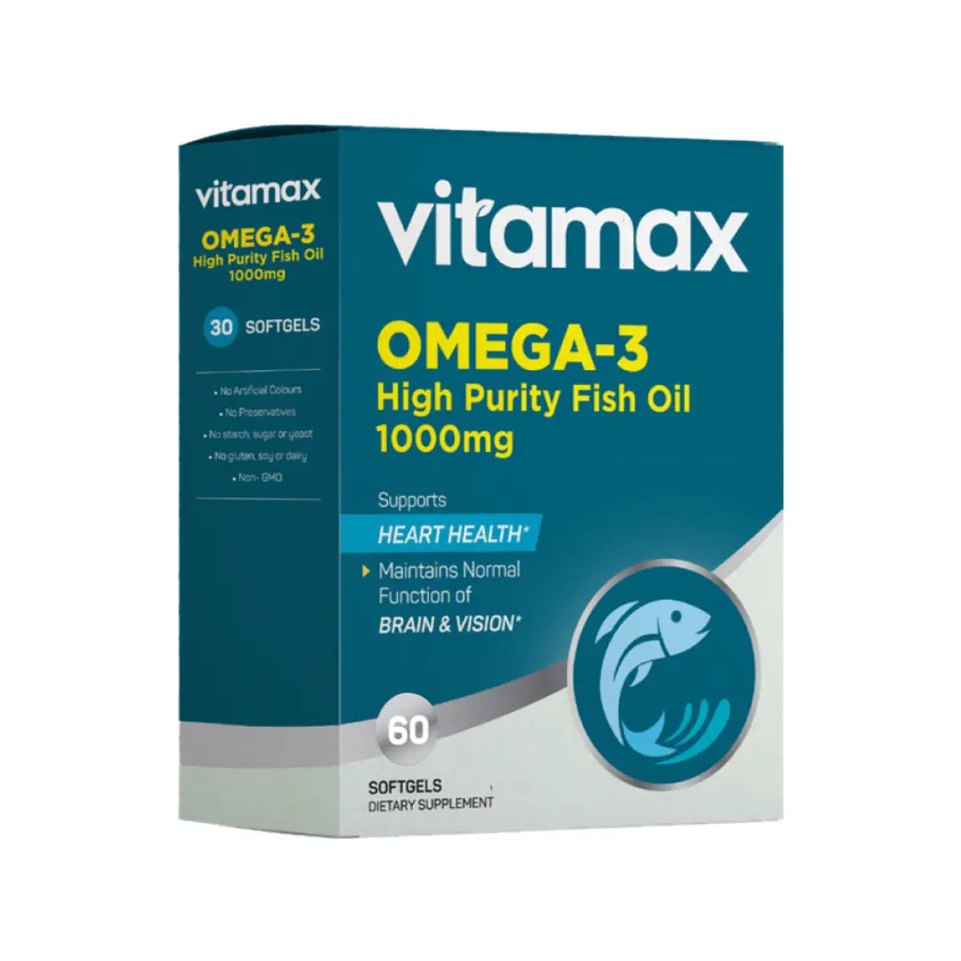 Vitamax Omega 3 Fish Oil 1000mg Softgel Capsules 60s – EPA & DHA Daily Supplement for Heart, Brain & Eye Support