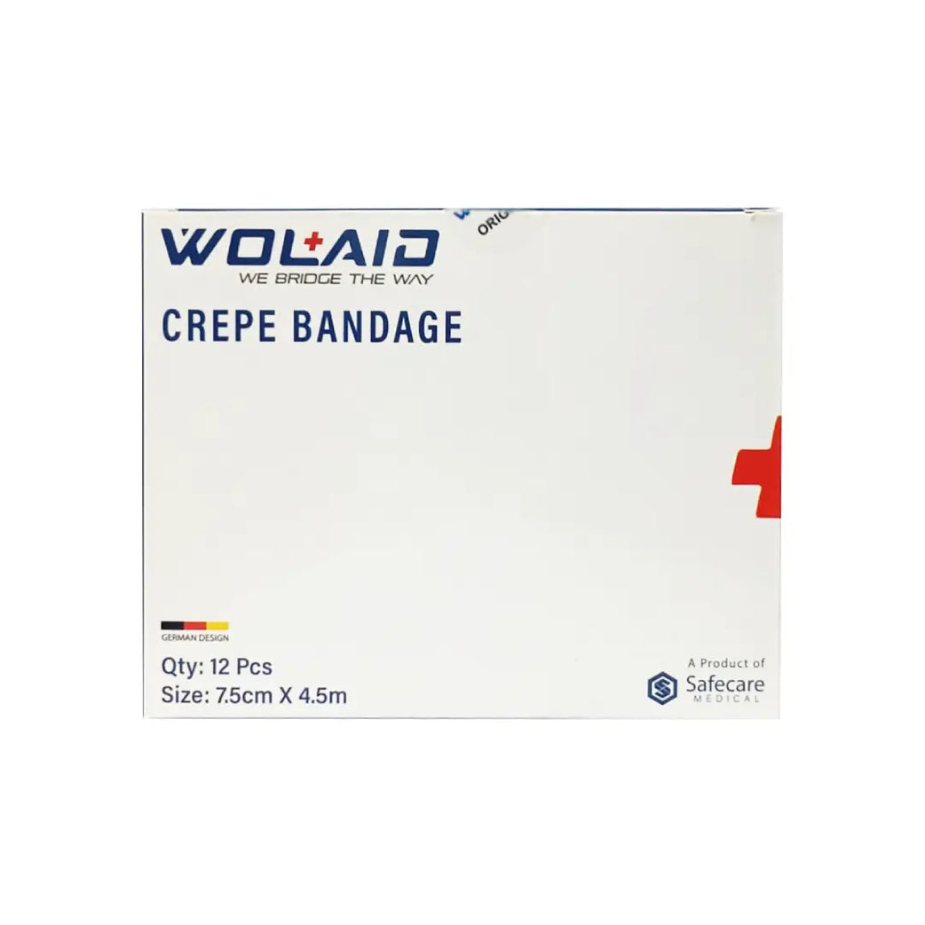 Wolaid crepe bandage 7.5cm 4.5m pack front view