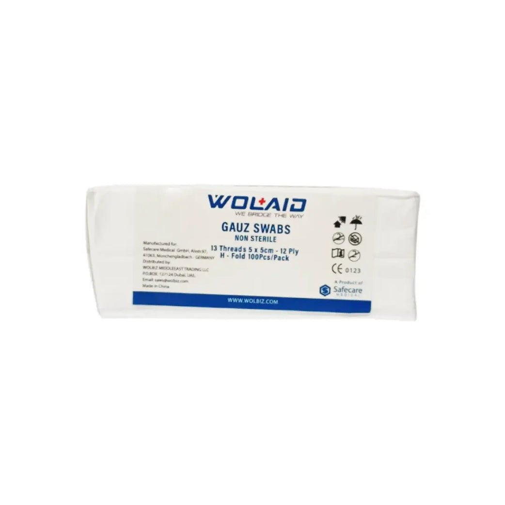 Wolaid non sterile gauze swab 5 by 5 cm pack of 100 used for cleaning and dressing minor wounds in medical and home care settings