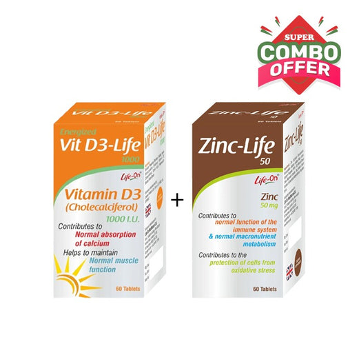 عرض الكومبو الفائق: Life On Vit D3-life 1000 IU Tab 60s + Life On Zinc-Life Tab 60