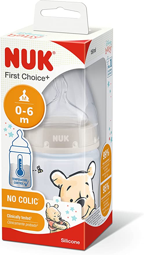 NUK Disney First Choice+ Baby Bottle | 0-6 Months | Temperature Control | Anti-colic Vent | 150 ml