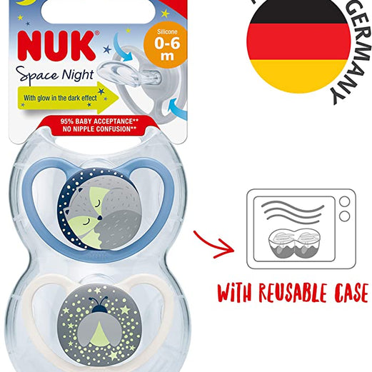 NUK Space Night, Glow In The Dark Orthodontic Silicone Soother, 0-6M,
