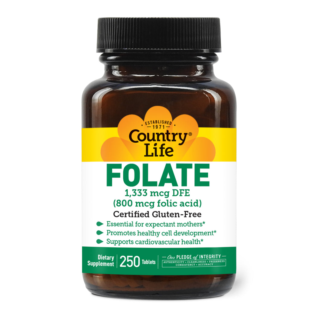 COUNTRY LIFE  Folate 1333MCG / Folic Acid Dietary Supplement, 800mcg, 100 Tablets
